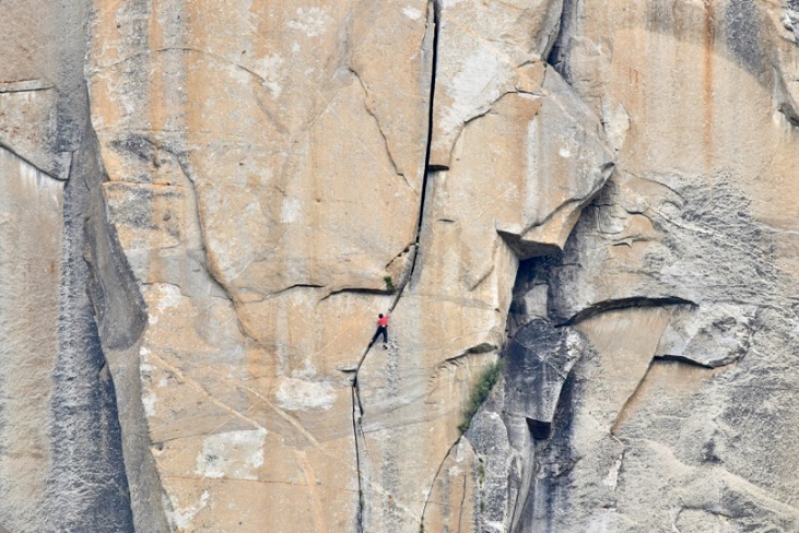 Alex Honnold in the Monster Offwidth section of Freerider during his free solo ascent of El Capitan.