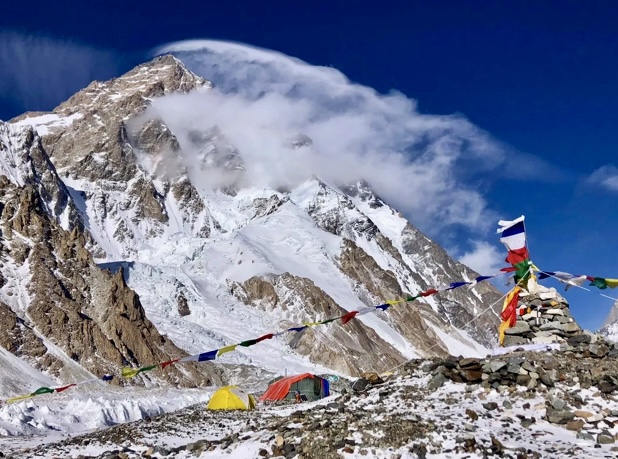 Big lenticular cloud over K2 in January 2021, indicating high winds up on the mountain. K2 winter expedition 2020/21.