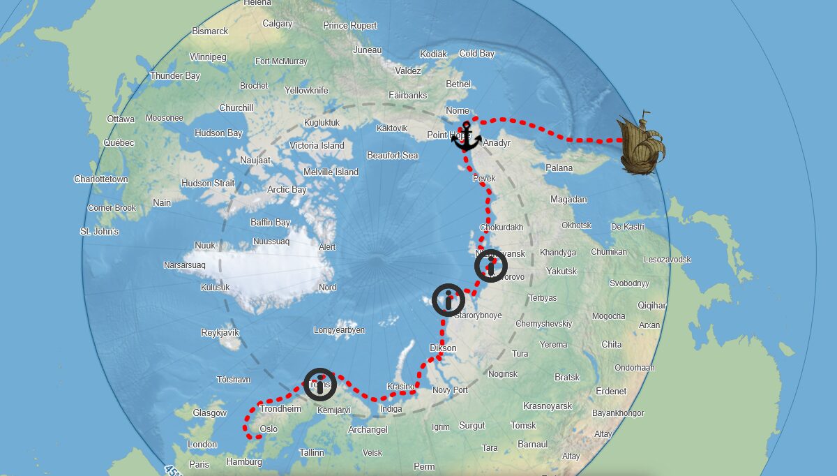 A map of the Arctic with NE passage drawn
