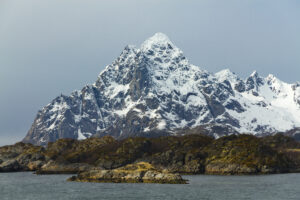 A mountainous, snowy island