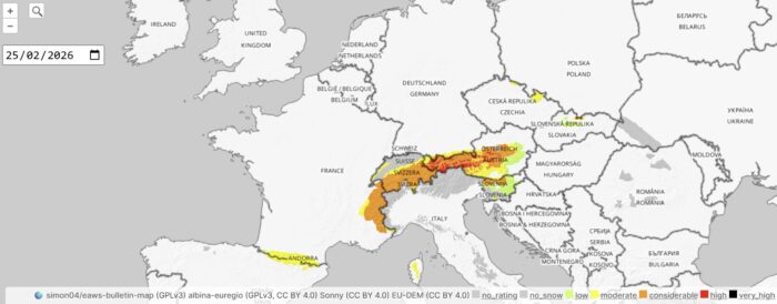 Chart of avalanche risk on a map of Europe. 