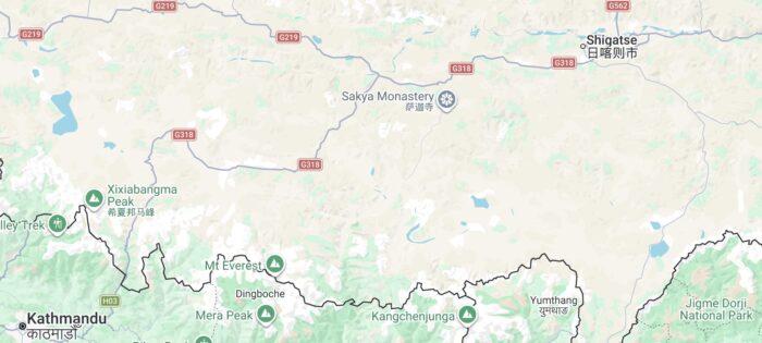 Shigatse, Kathmandu and Everest on Google Maps.