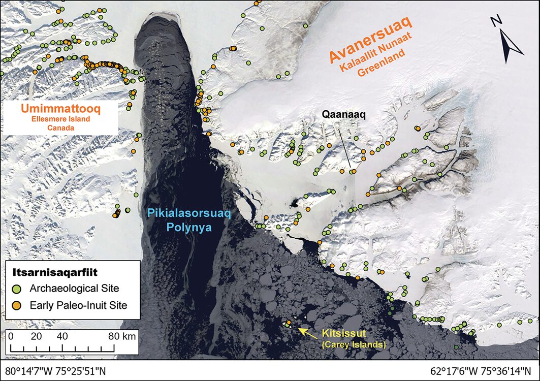 Map of the Pikialasorsuaq polynya, showing the Kitsissut Islands and archaeological sites.