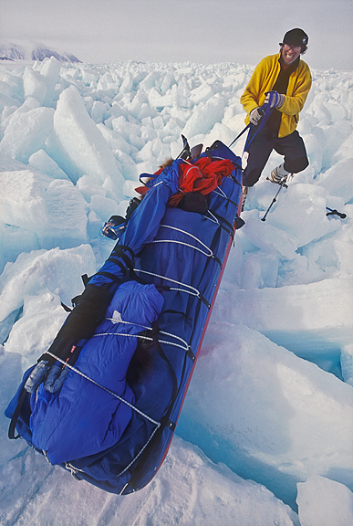 sledder in rough ice