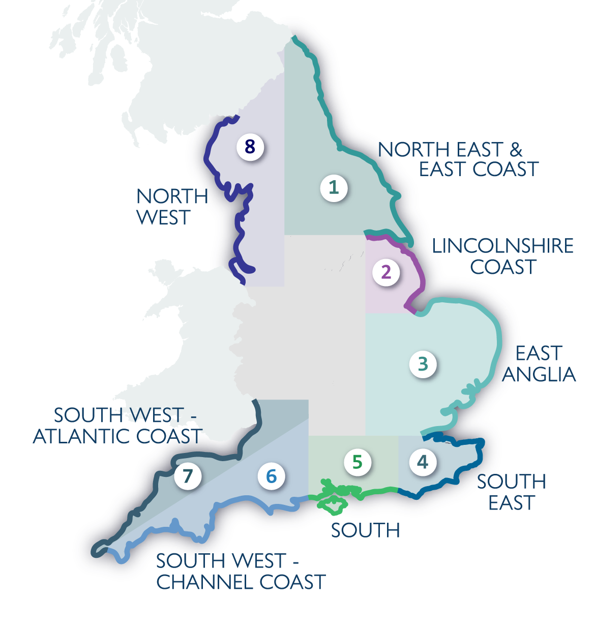 A map of the route around England, split into 8 sections