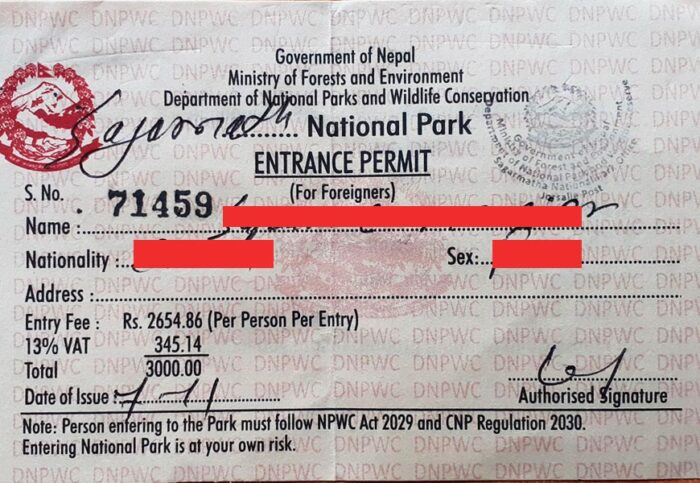 A permit stamped by Nepal Ministry.