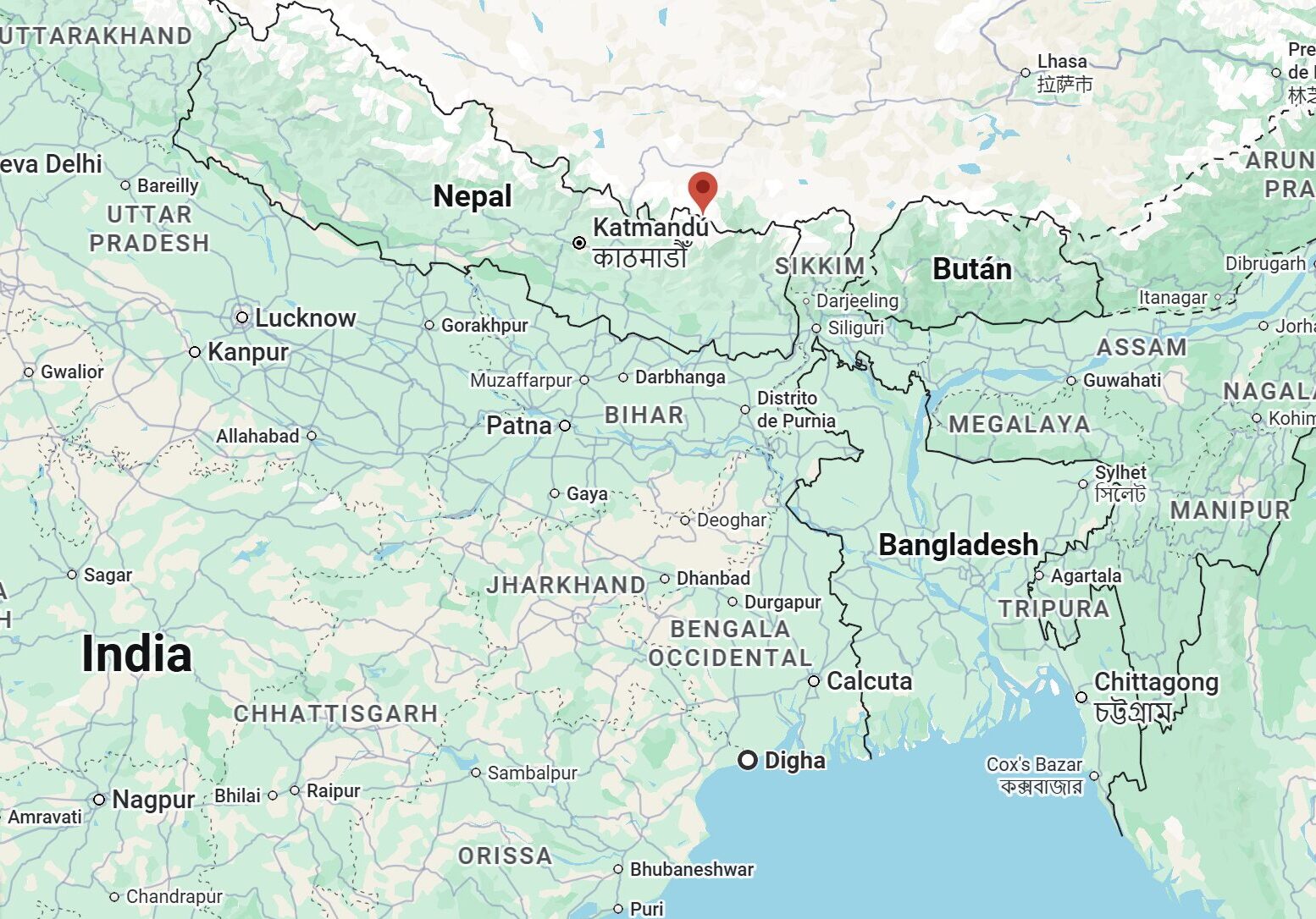 Map marking Digha on the bay of Bengal and Mt. Everest location.