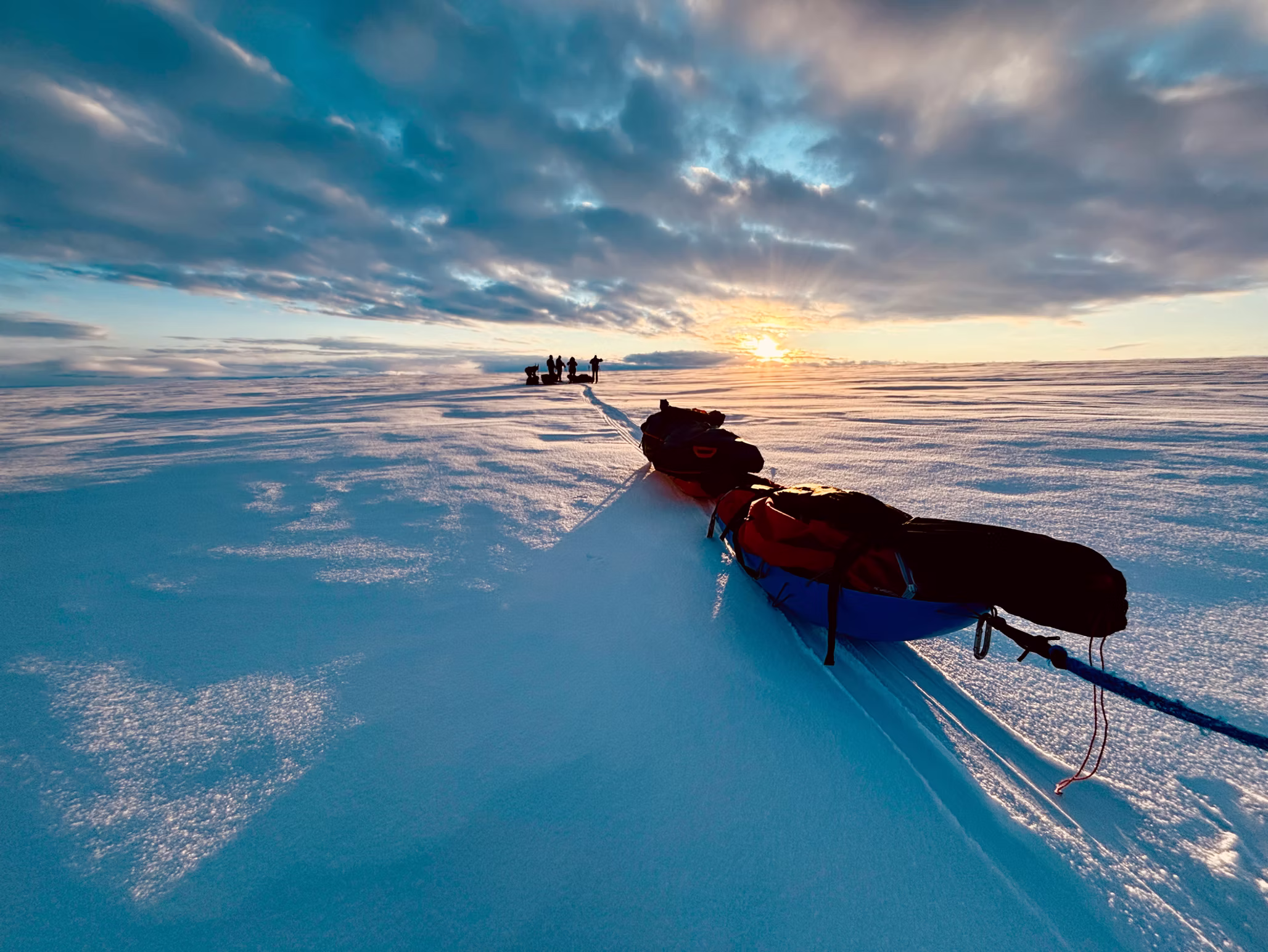A team of skiers skiing in the low sun of nighttime on the Greenland Ice Sheet.
