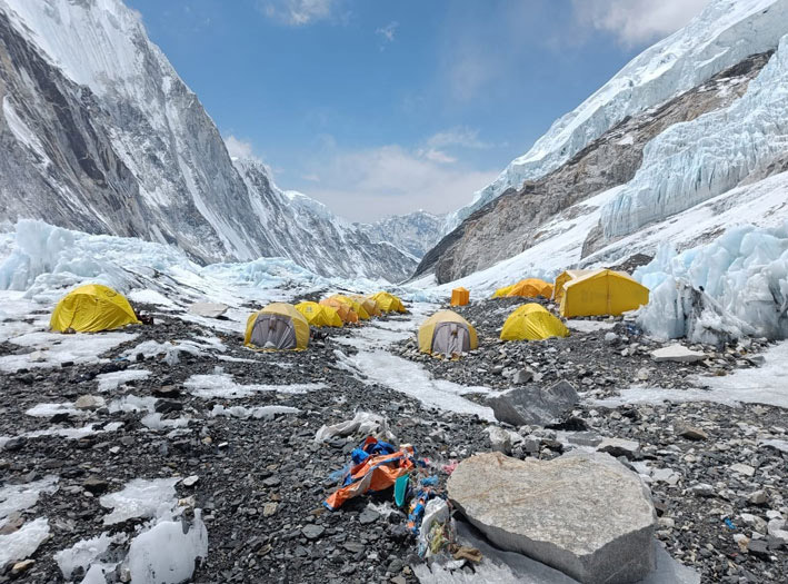 Some tents at Camp 2, on rather dry, rocky ground.