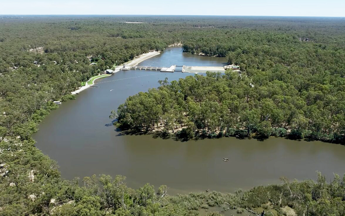 aerial of a river amid forest