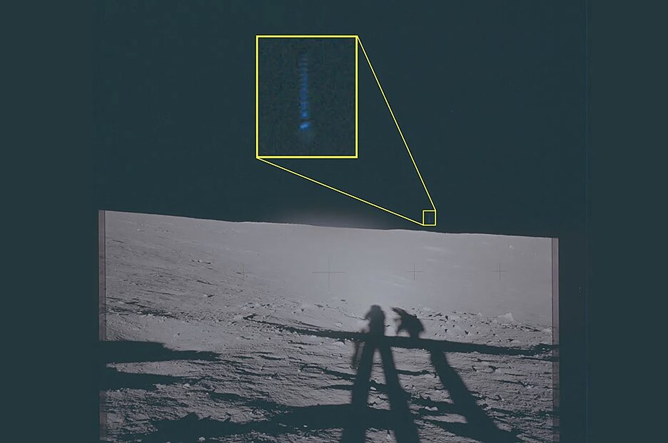shadows of astronauts on moon with blue lights above them