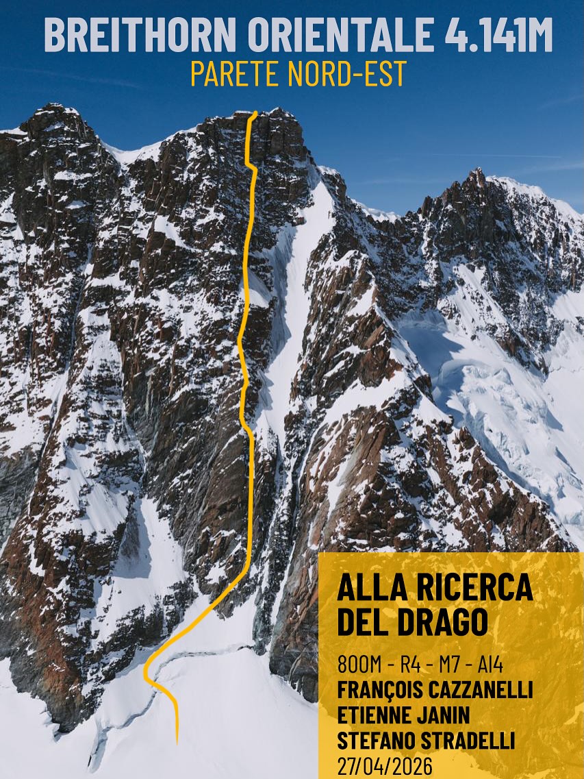 Route topo on a photo of Breithorn East.
