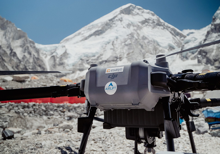 A drone with the West Shoulder of Everest in background.