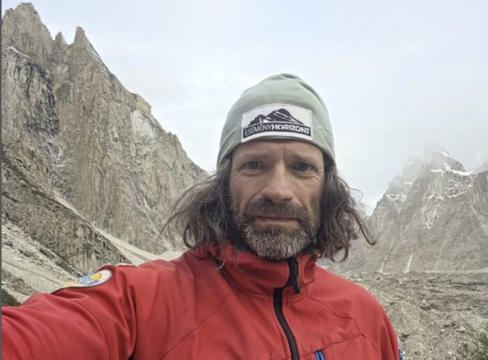 Close shot of David klein in a cloudy day at the Karakoram. 