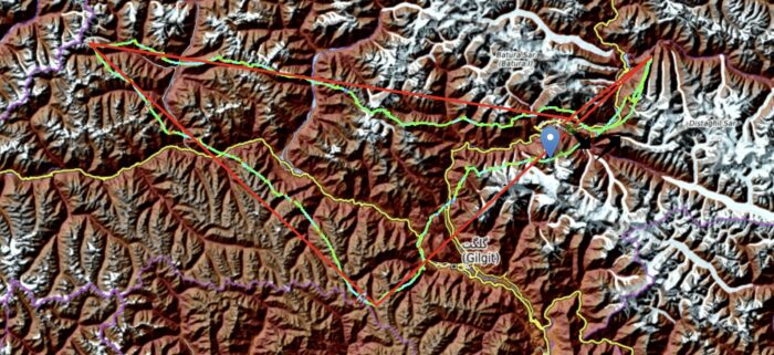 track of an XC paraglide flight on a map of Gilgit Baltistan region. 