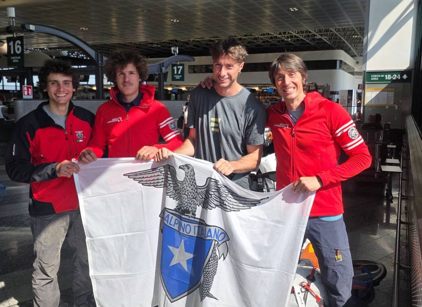 The Italian team, with Matteo Della Bordella on the right, departing Italy.
