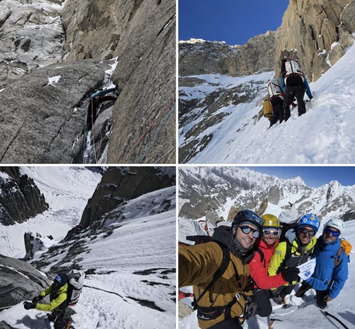 Four photos gridded 2x2 with images of a climb on a mixed terrain mountain face. 