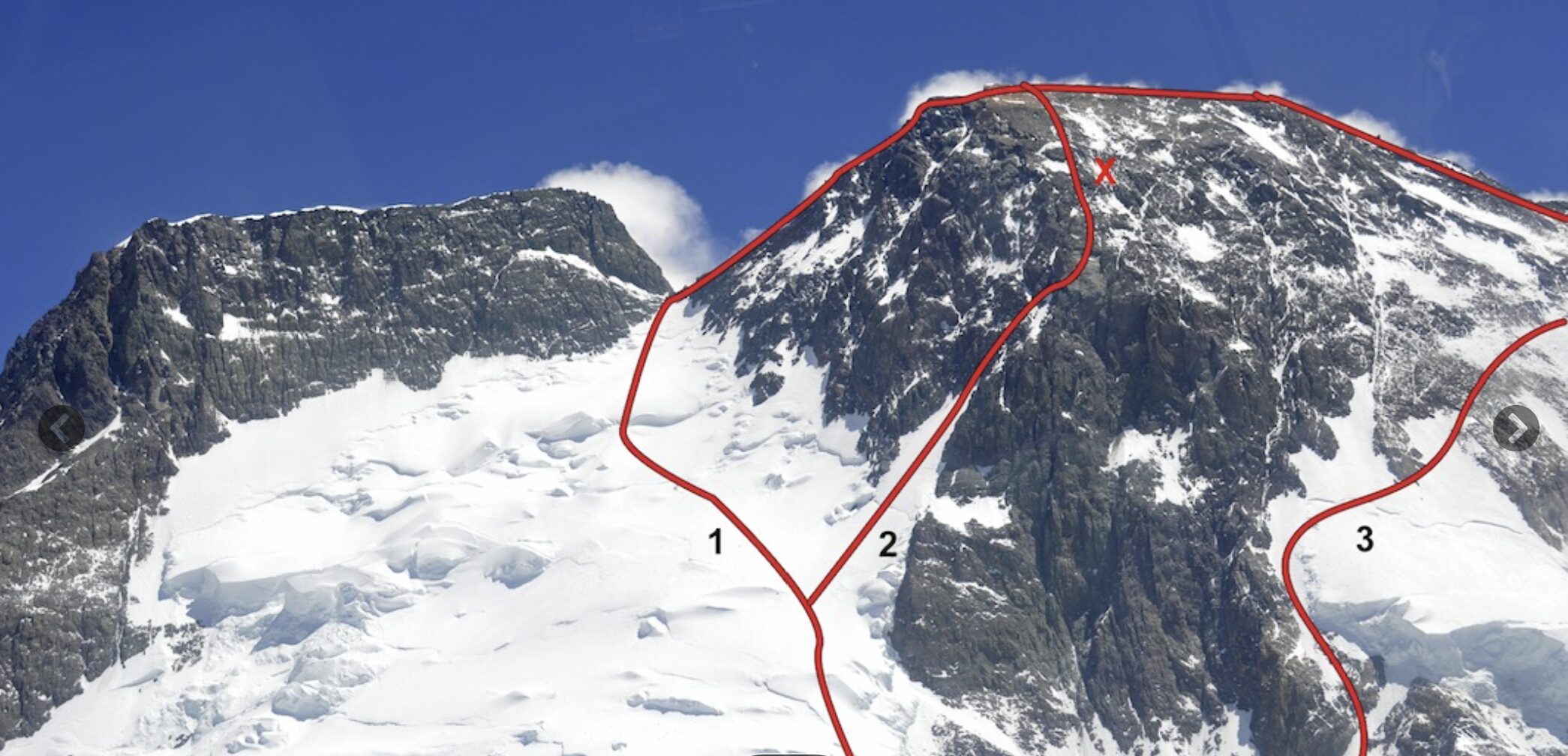 Routes marked in red on a photo of the summit area of Broad Peak.
