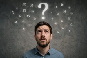 a puzzled-looking guy with a big question mark floating over his head and with Cyrillic letters floating around the question mark and his head.