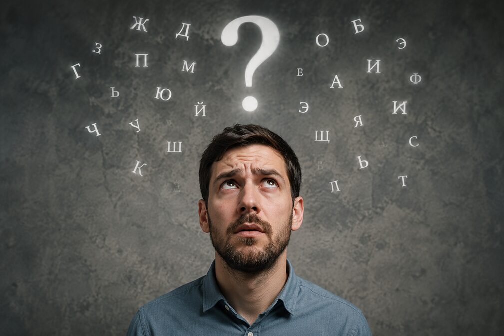 a puzzled-looking guy with a big question mark floating over his head and with Cyrillic letters floating around the question mark and his head.