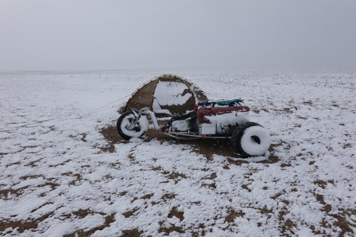 American adventurer Branden Joy's buggy covered in snow in Mongolia