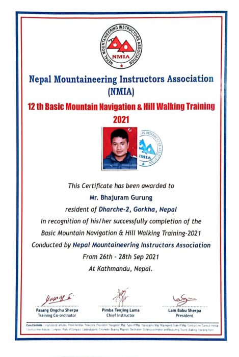 Certificate of Basic Mountain Navigation and Hill Wakling training to the name of Bhajuram Gurung, issued by Nepal Mountaineering Instructors Association (NMIA)