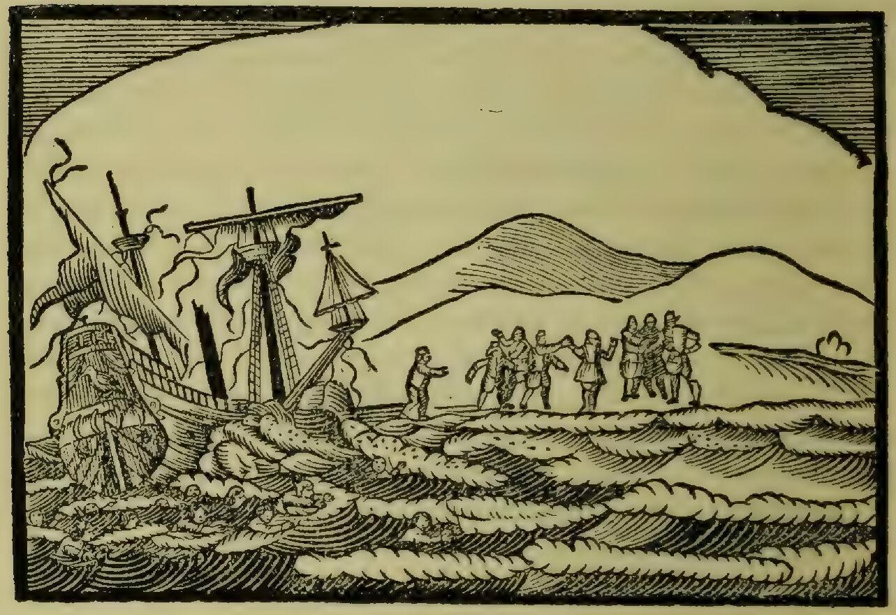 Woodcut of a shipwreck and group of survivors