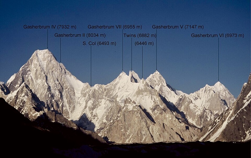 The west faces of Gasherbrum IV, V, VI, and VII.