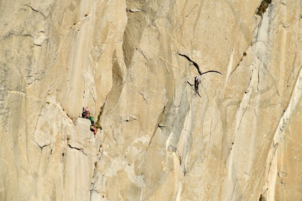 Mark Hudon belays Ben VanderStouw on pitch six, The Seagull, of Mescalito on El Capitan.
