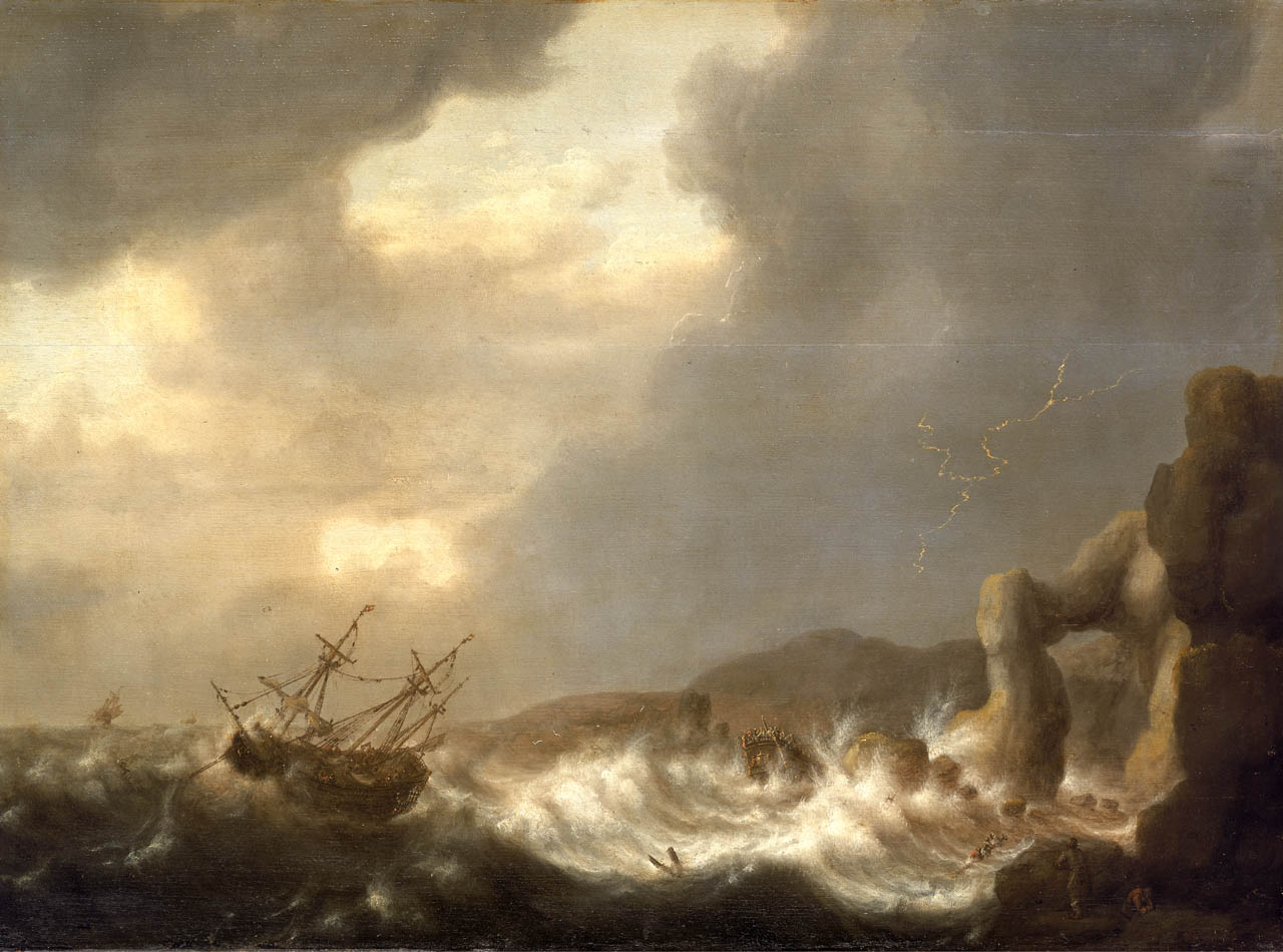 A ship about to wreck on a rocky shore