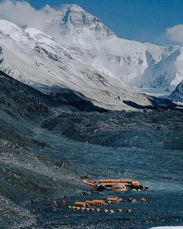 The north side of Everest and the Rongbuk glacier at its feet, with the tents of Base Camp.