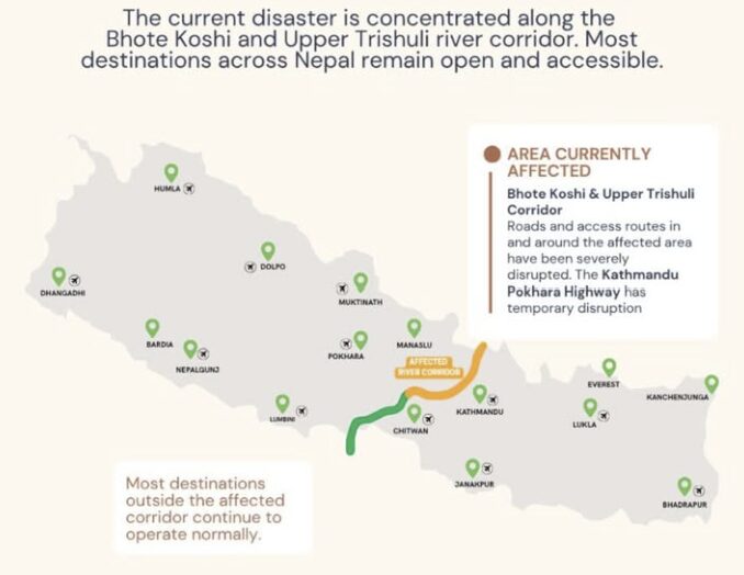 A map of nepal with the floods area marked.