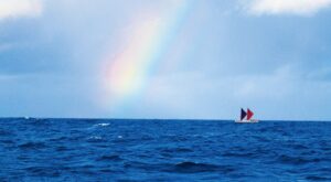 A traditional Polynesian canoe on the ocean. Photo: Polynesian Voyaging Society (PVS)