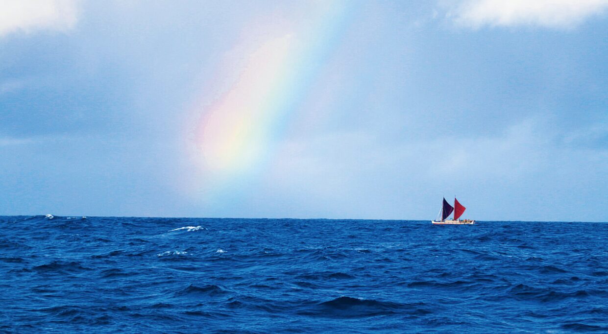 A traditional Polynesian canoe on the ocean. Photo: Polynesian Voyaging Society (PVS)