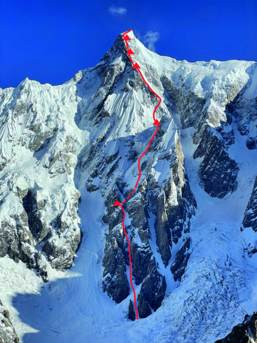 A formidable karakoram peak with a direct route to the summit marked in red.